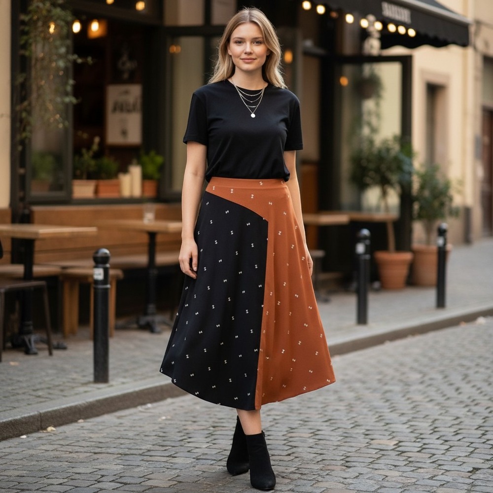 Alfani Black and Rust Asymmetrical Two-Tone‎ Skirt Sz 8